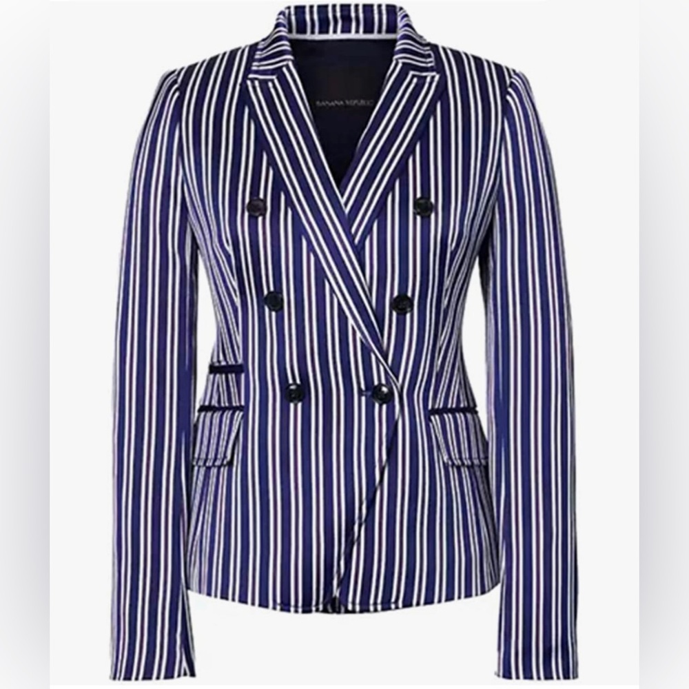 BANANA REPUBLIC Blue and White Stripe Double-Breasted Blazer